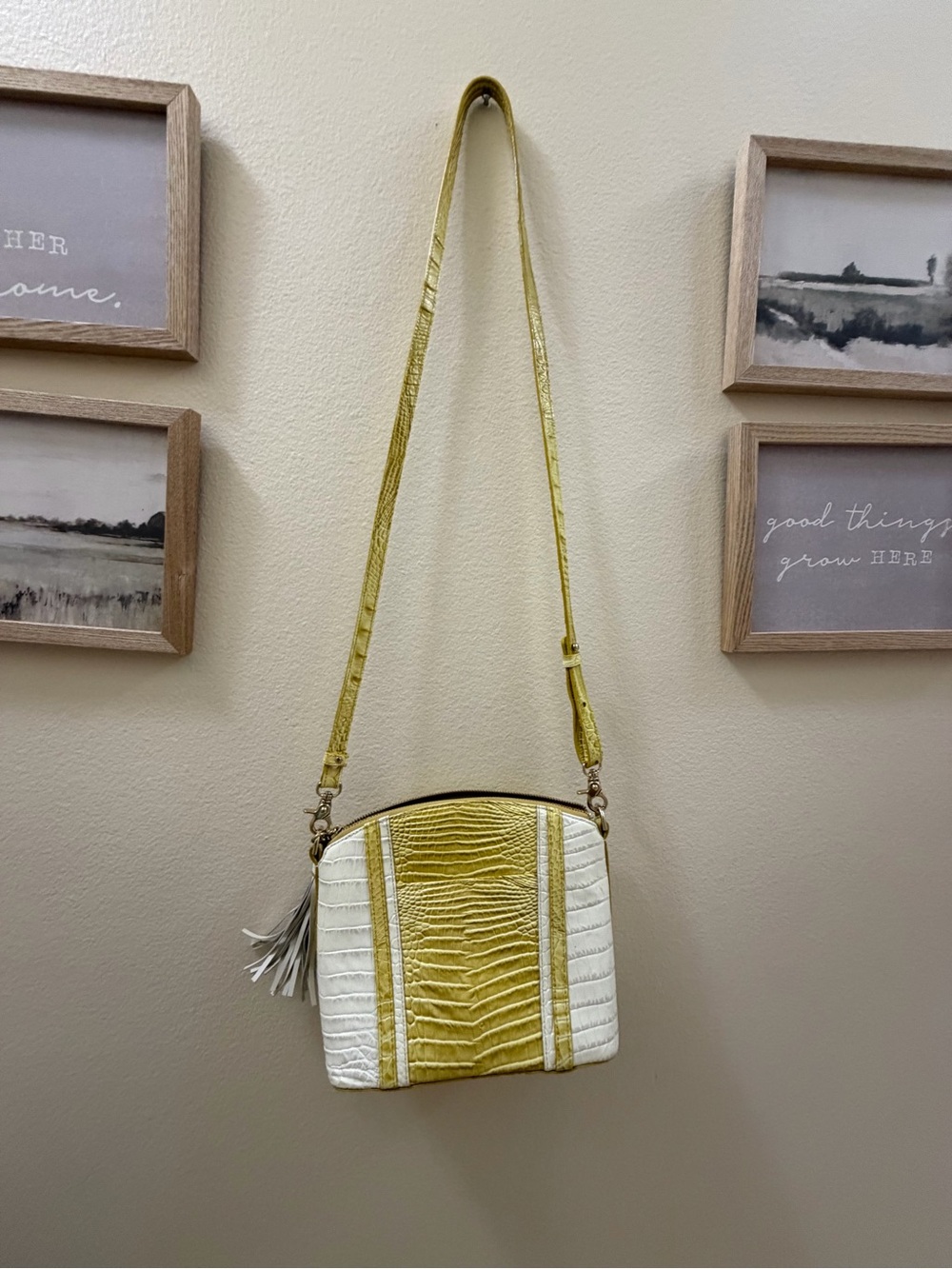 Brahmin Yellow and White Croc-Embossed Crossbody with Tassel - Picture 4 of 10